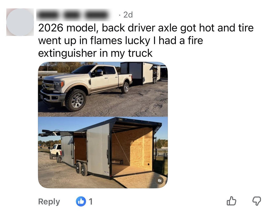 Trailer owner's post about an axle that overheated and caught fire